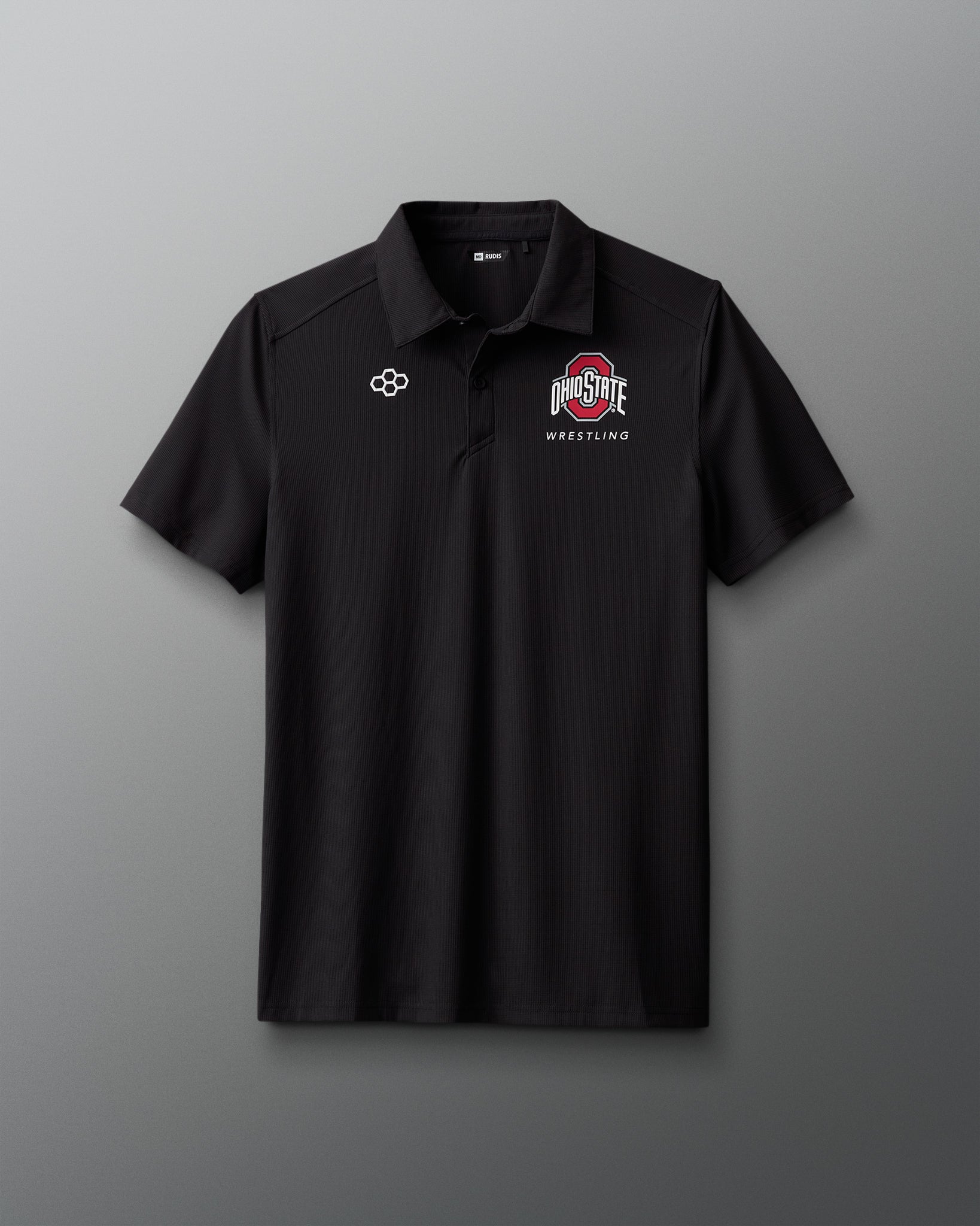 Black polo shirt with Ohio State Wrestling logo on a gray background