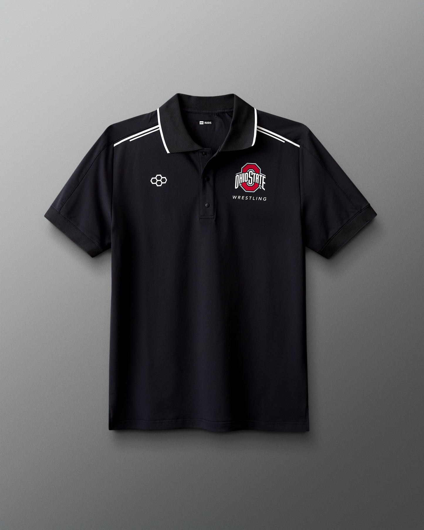 Black polo shirt with white accents and logos on a gray background