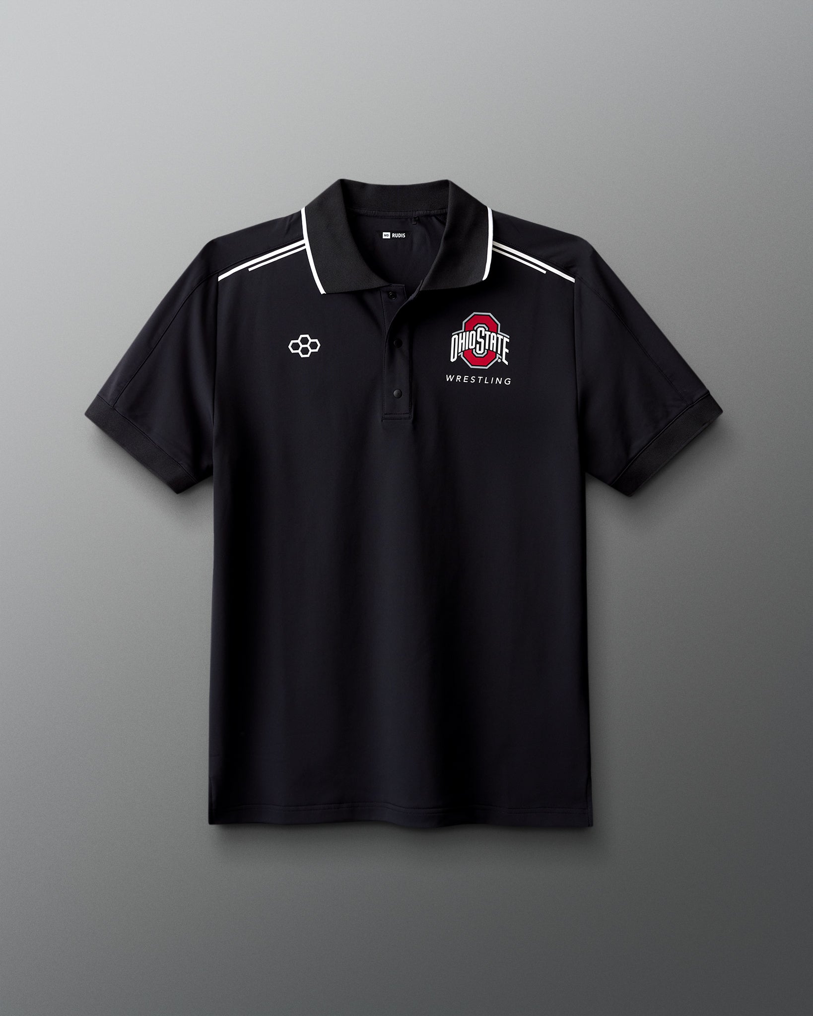 Black polo shirt with white accents and logos on a gray background