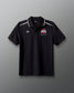 Black polo shirt with white accents and logos on a gray background