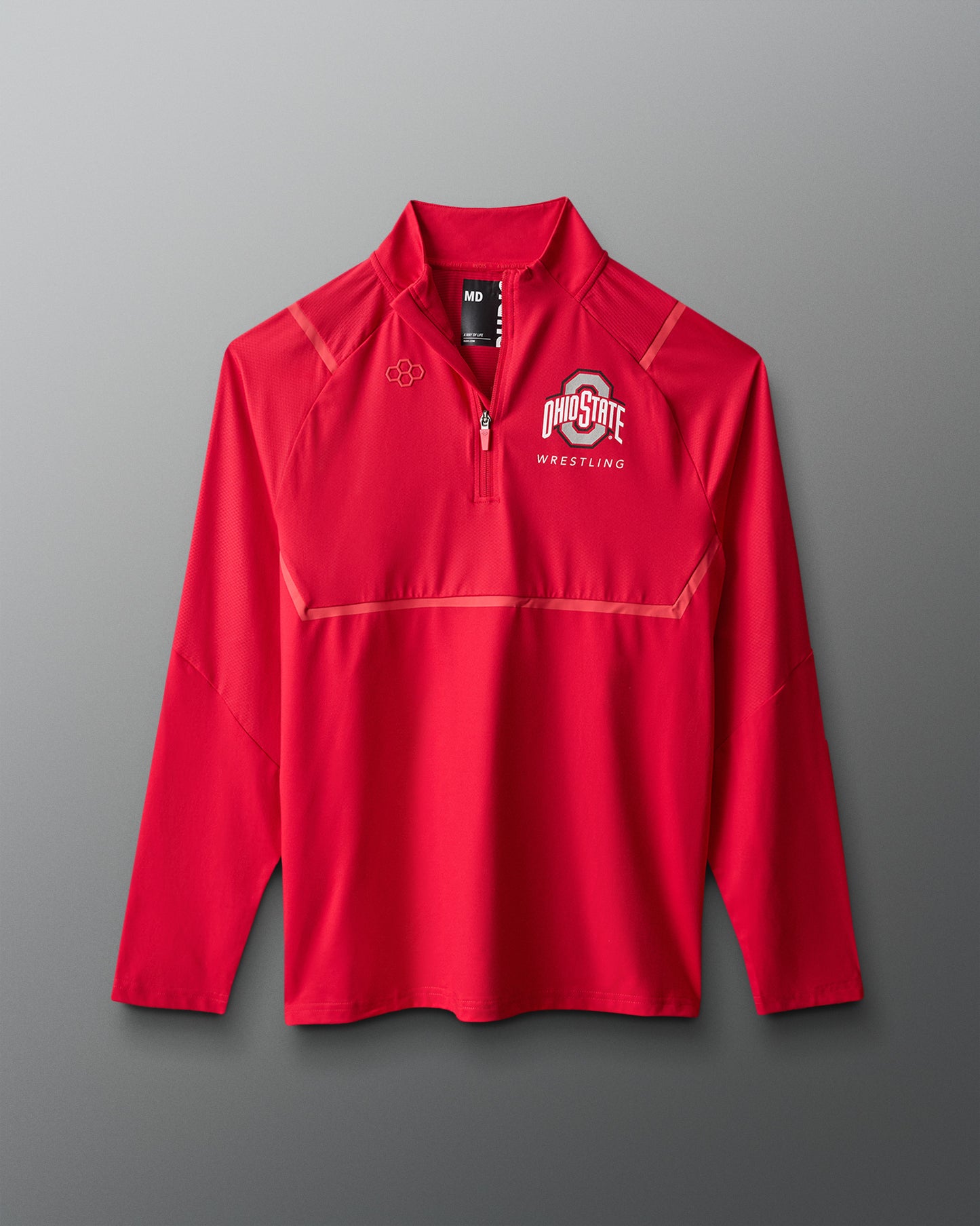 Red pullover with Ohio State Wrestling logo on a gray background