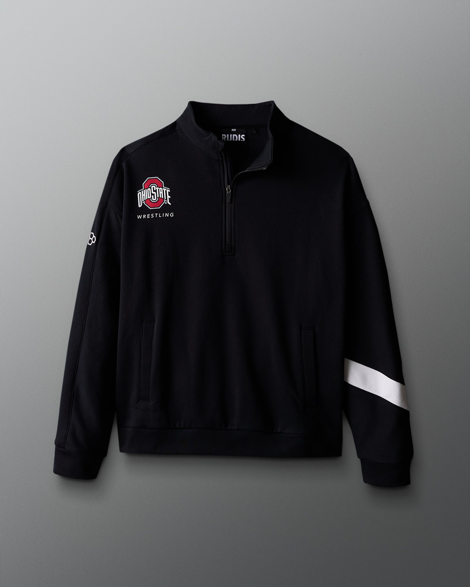 Black quarter-zip sweatshirt with Ohio State Wrestling logo on a gray background
