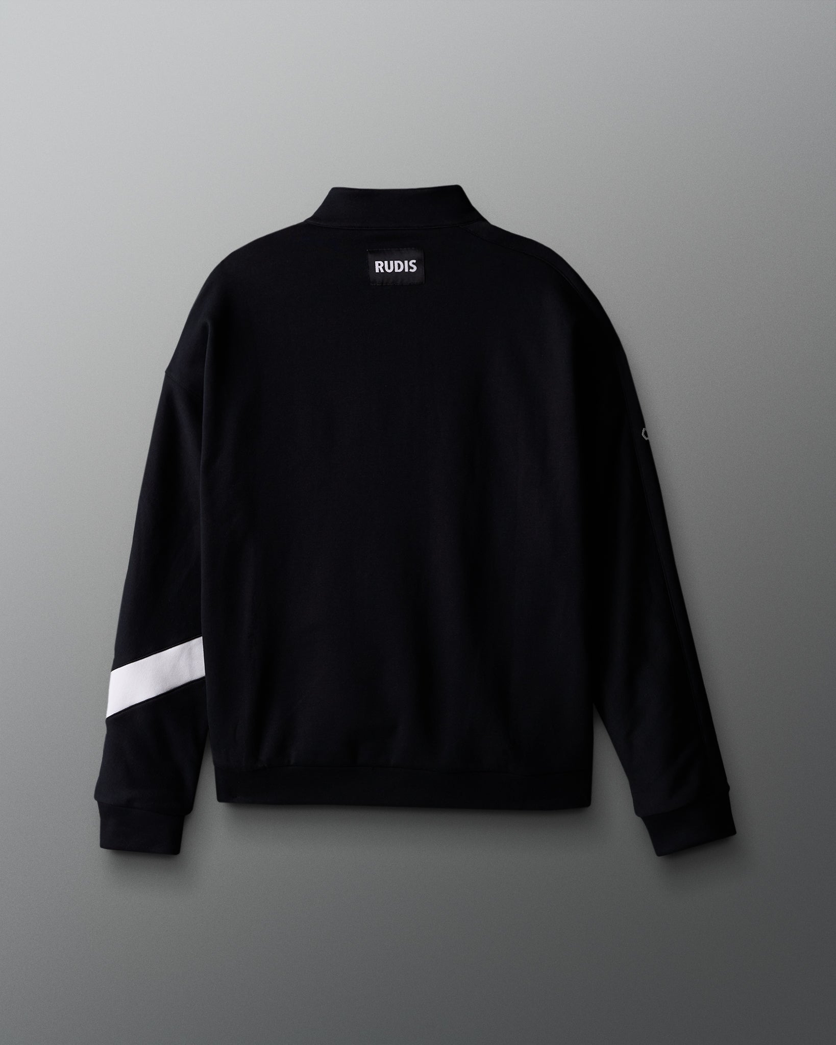 Black sweatshirt with a white stripe on a gray background