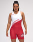 Person wearing a red and white wrestling singlet with 'Buckeyes' branding on a gray background