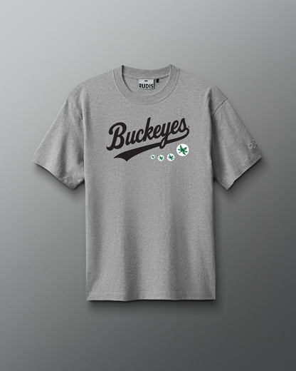 Gray t-shirt with 'Buckeyes' text on a gray background