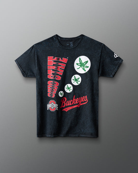 Black t-shirt with Ohio State Buckeyes graphics on a gray background