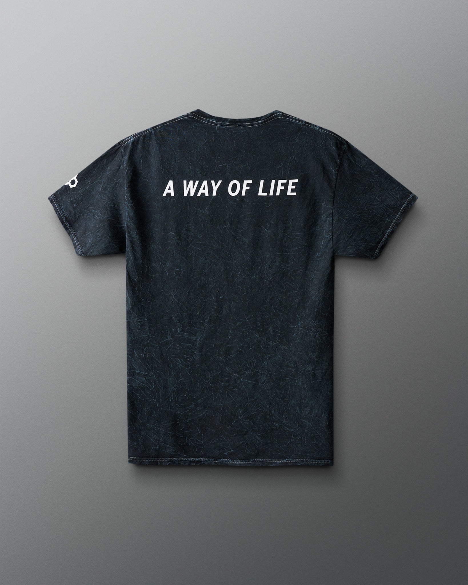 Black t-shirt with 'A Way of Life' text on the back against a gray background