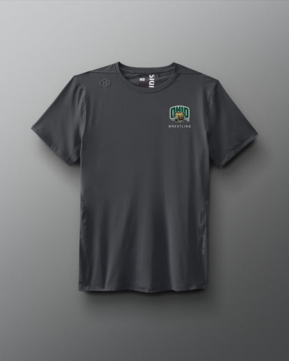 Gray t-shirt with a logo on a gray background. Ohio University