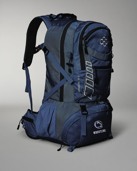 Blue backpack with black accents on a gray background