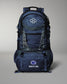Navy blue backpack with wrestling logo on a gray background