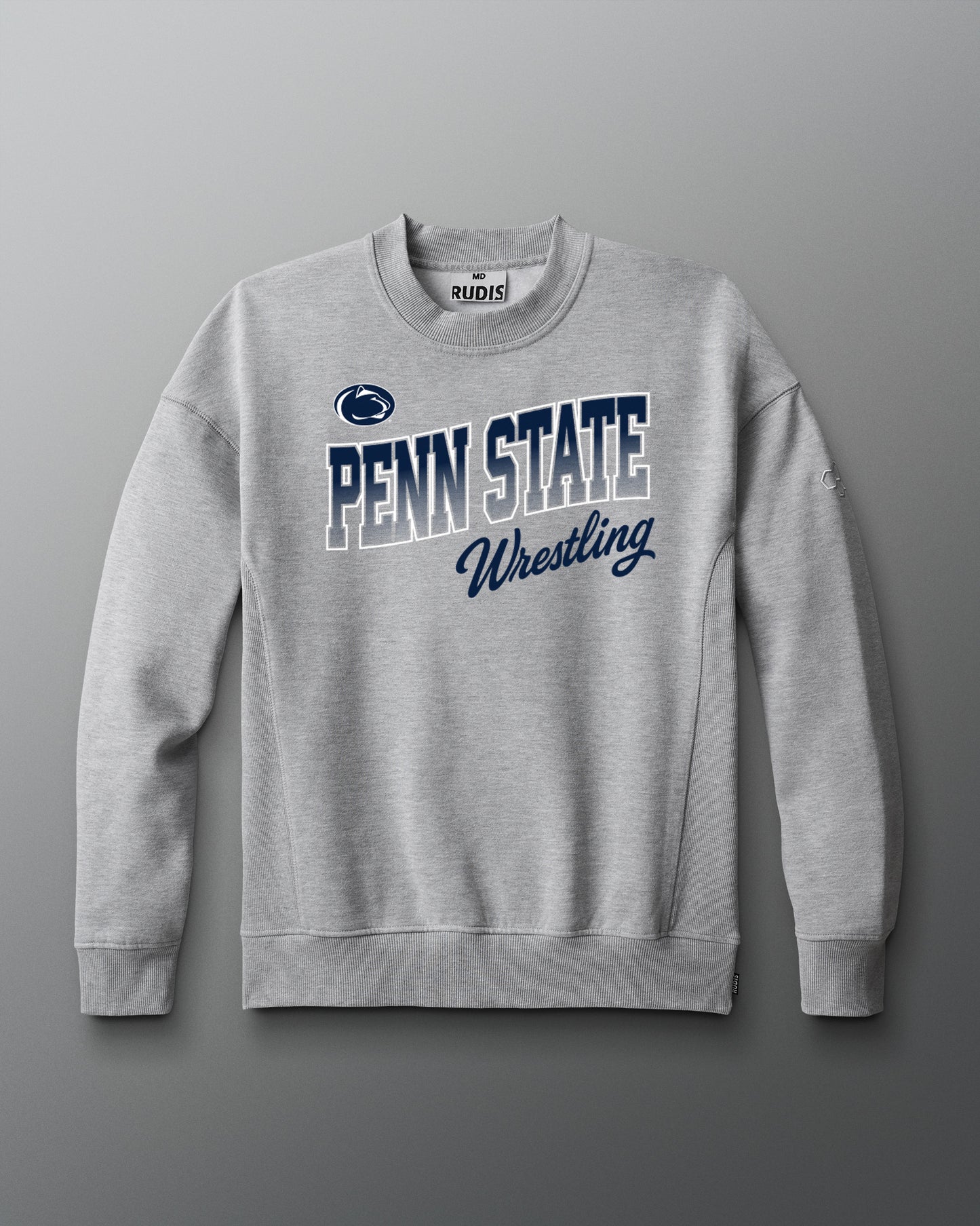 Gray sweatshirt with 'Penn State Wrestling' text on a gray background