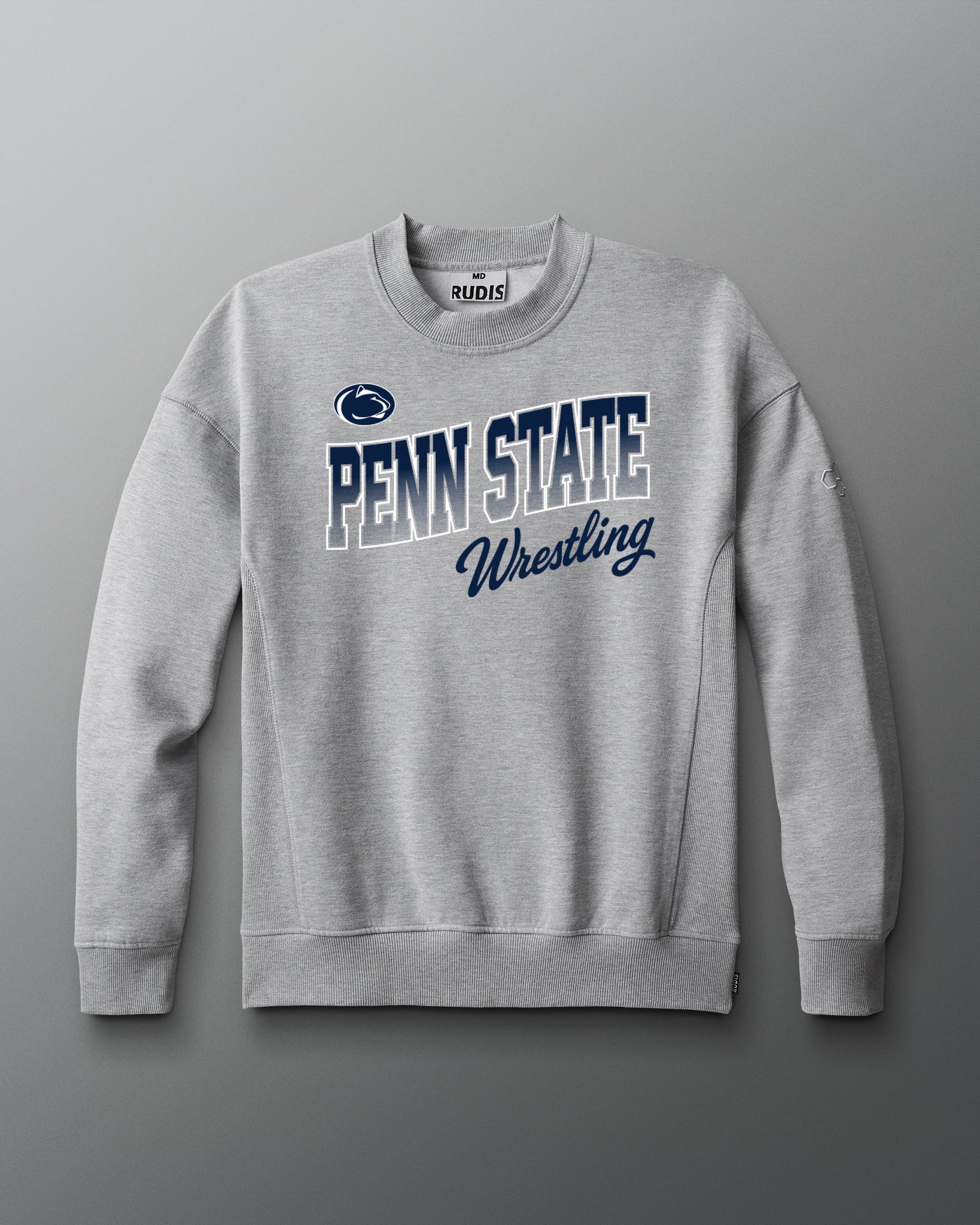 Gray sweatshirt with 'Penn State Wrestling' text on a gray background