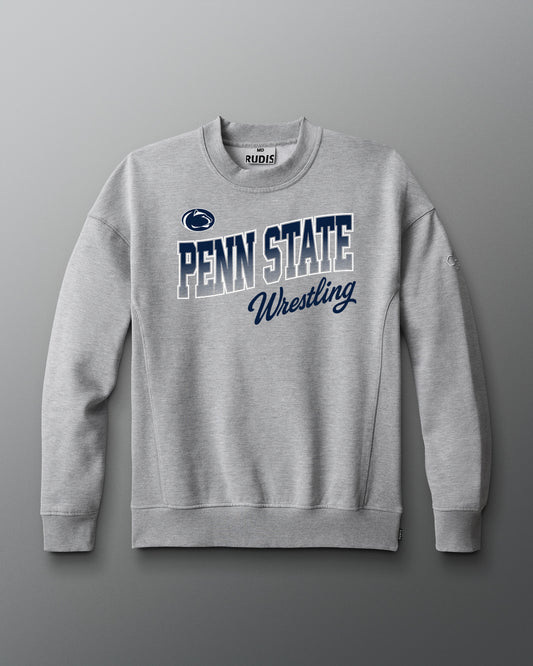 Gray sweatshirt with 'Penn State Wrestling' text on a gray background