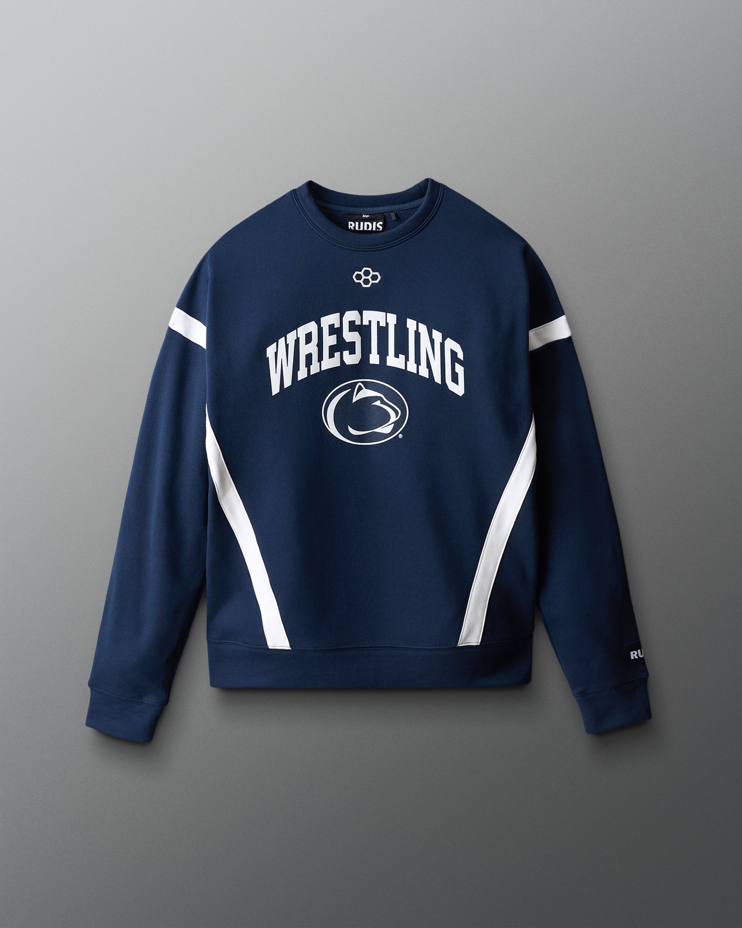 Navy blue sweatshirt with 'Wrestling' text and logo on a gray background