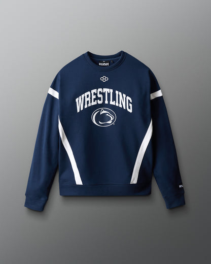Navy blue sweatshirt with 'Wrestling' text and logo on a gray background