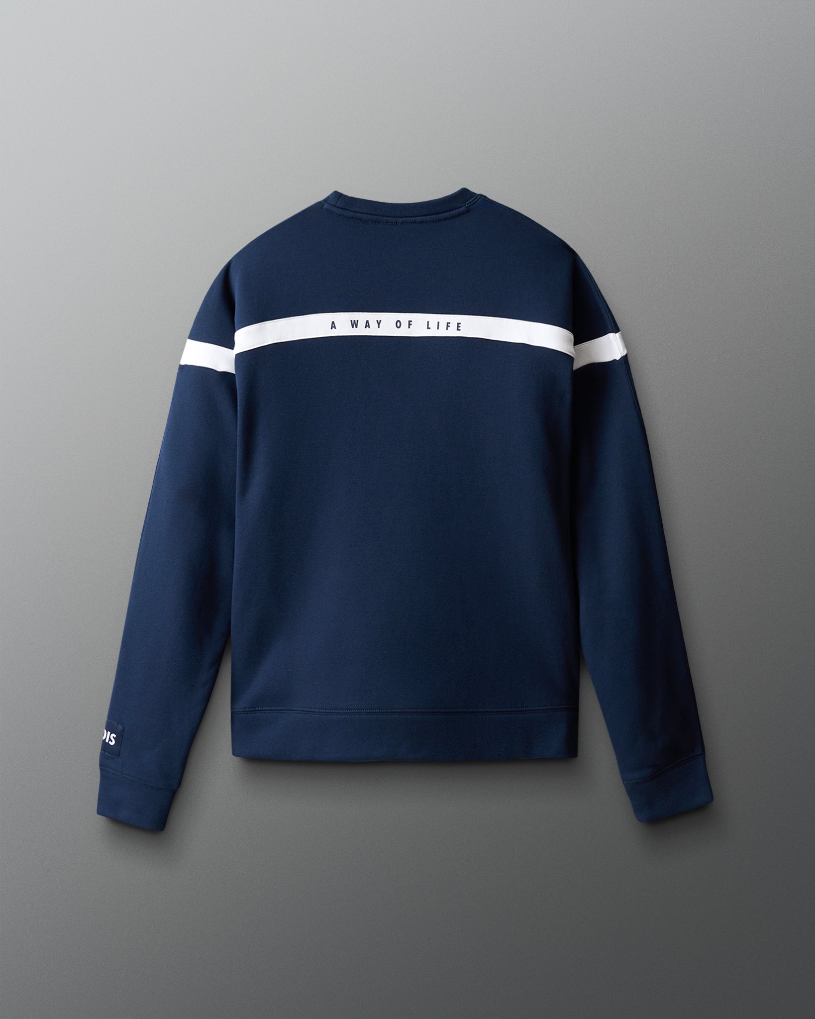 Navy blue sweatshirt with white stripes on a gray background