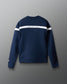 Navy blue sweatshirt with white stripes on a gray background