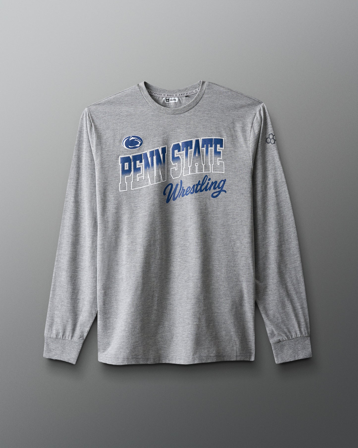 Gray long-sleeve shirt with 'Penn State Wrestling' text on a gray background