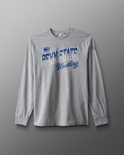 Gray long-sleeve shirt with 'Penn State Wrestling' text on a gray background