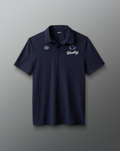 Navy blue polo shirt with logos on a gray background