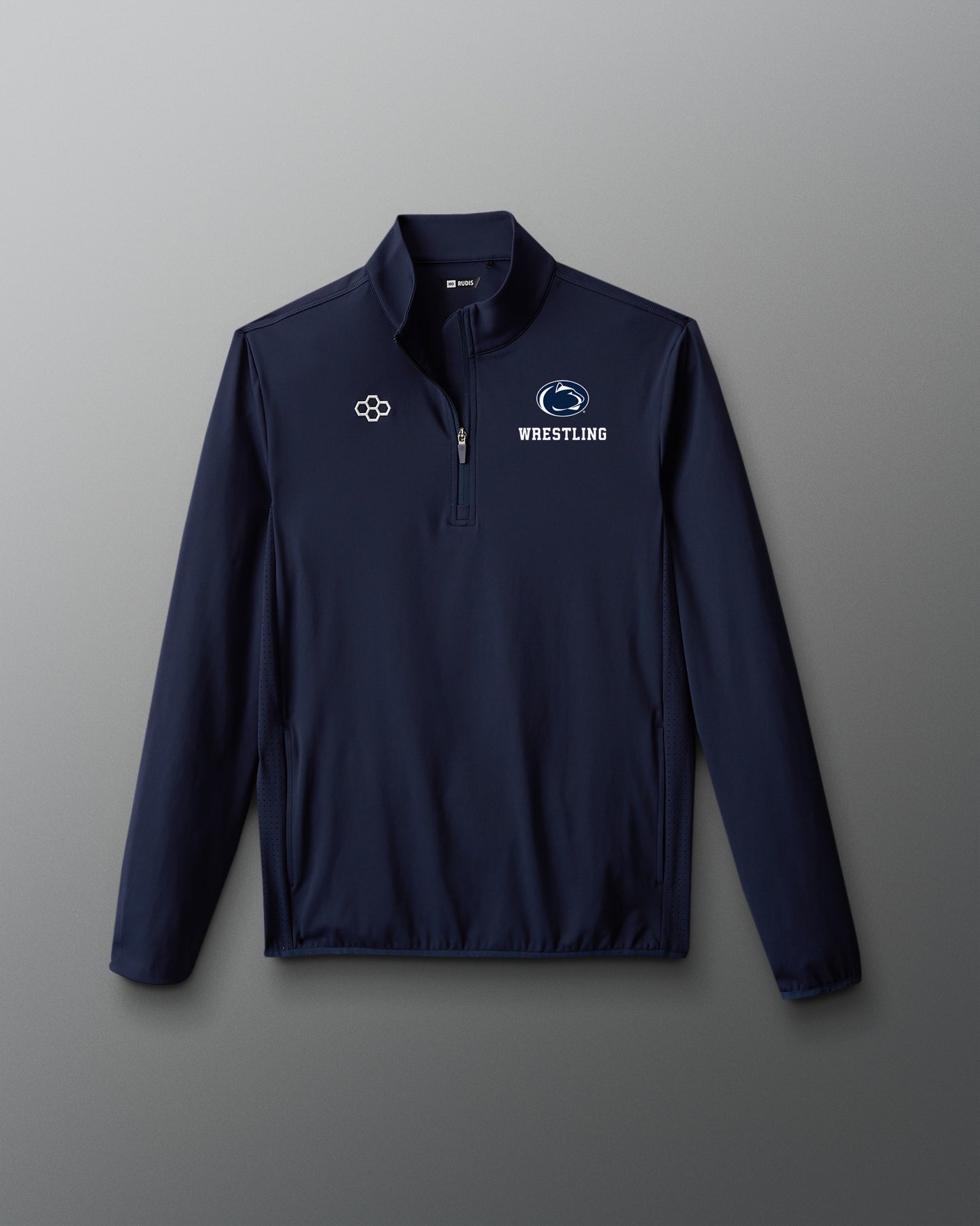 Navy pullover with 'Wrestling' text on a gray background