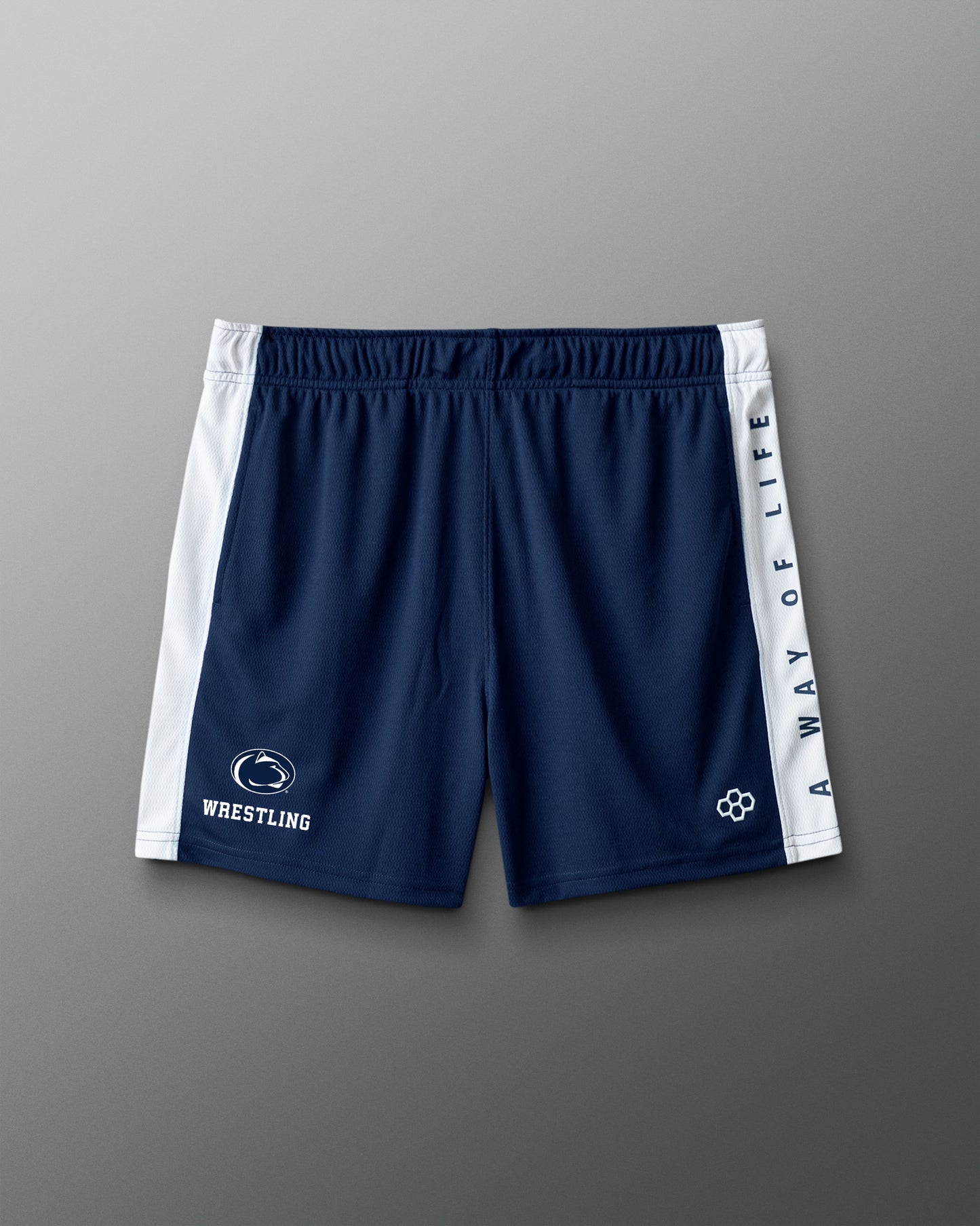 Navy blue shorts with white accents on a gray background
