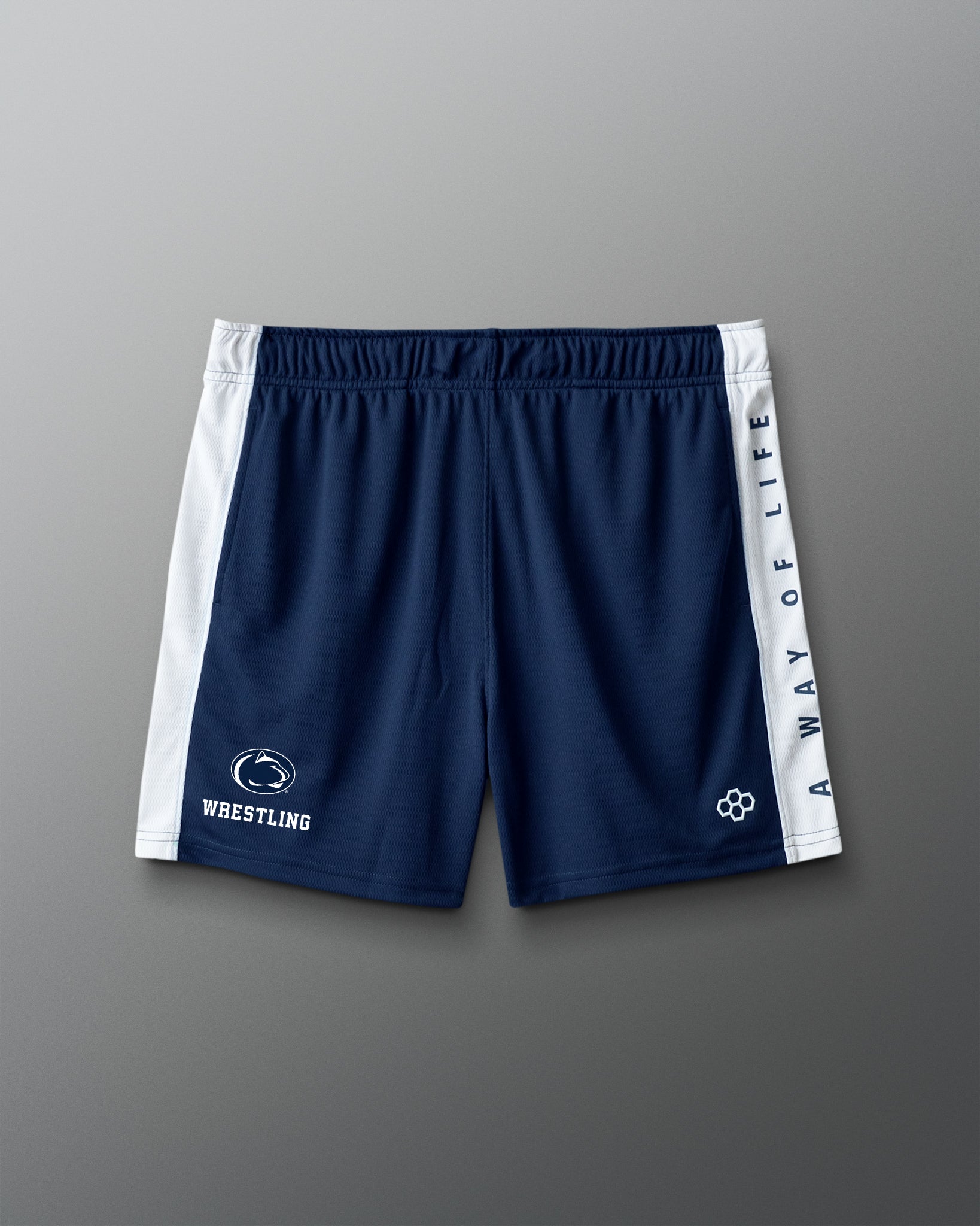 Navy blue shorts with white accents on a gray background