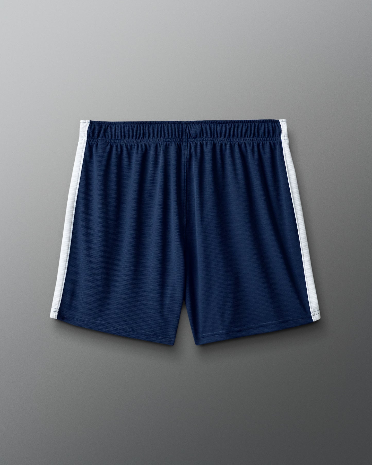 Navy blue shorts with white stripes on a gray background