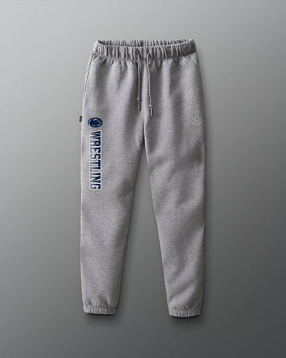 Gray sweatpants with 'Wrestling' text and logo on a gray background