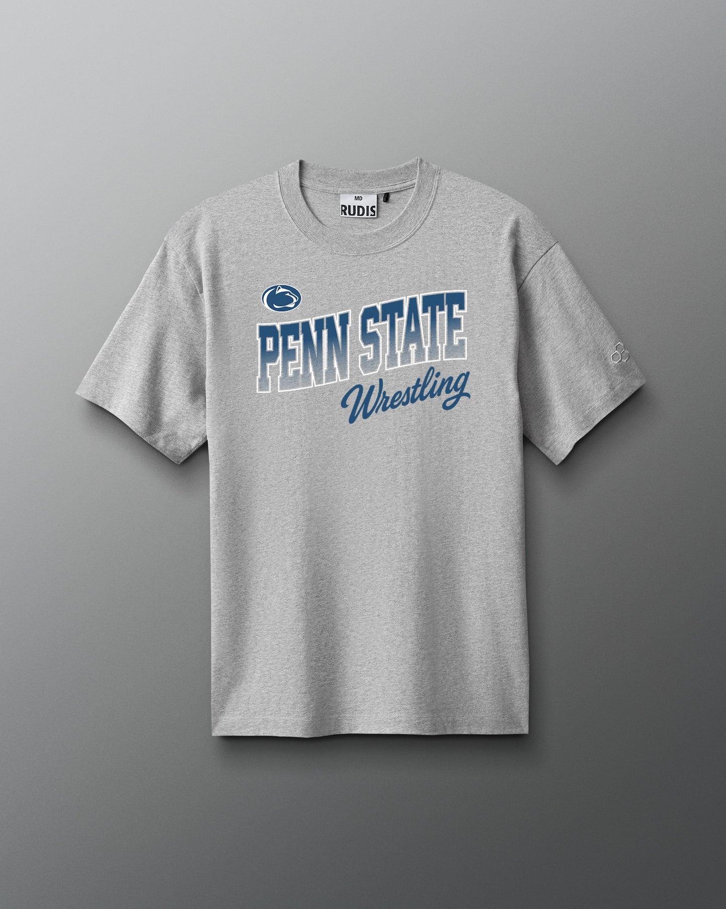 Gray t-shirt with 'Penn State Wrestling' text on a gray background
