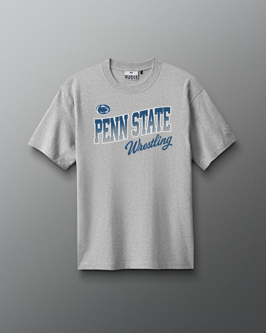Gray t-shirt with 'Penn State Wrestling' text on a gray background