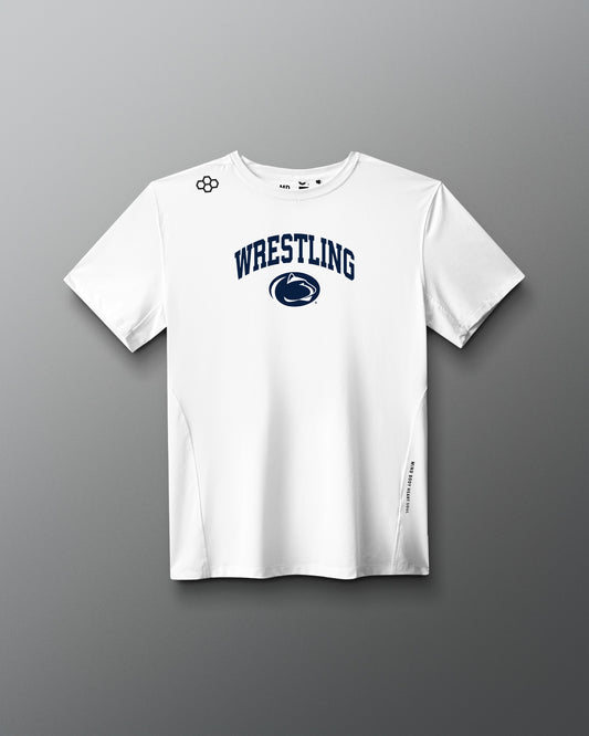 White t-shirt with 'Wrestling' text and logo on a gray background