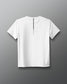 White t-shirt with a small black logo on a gray background