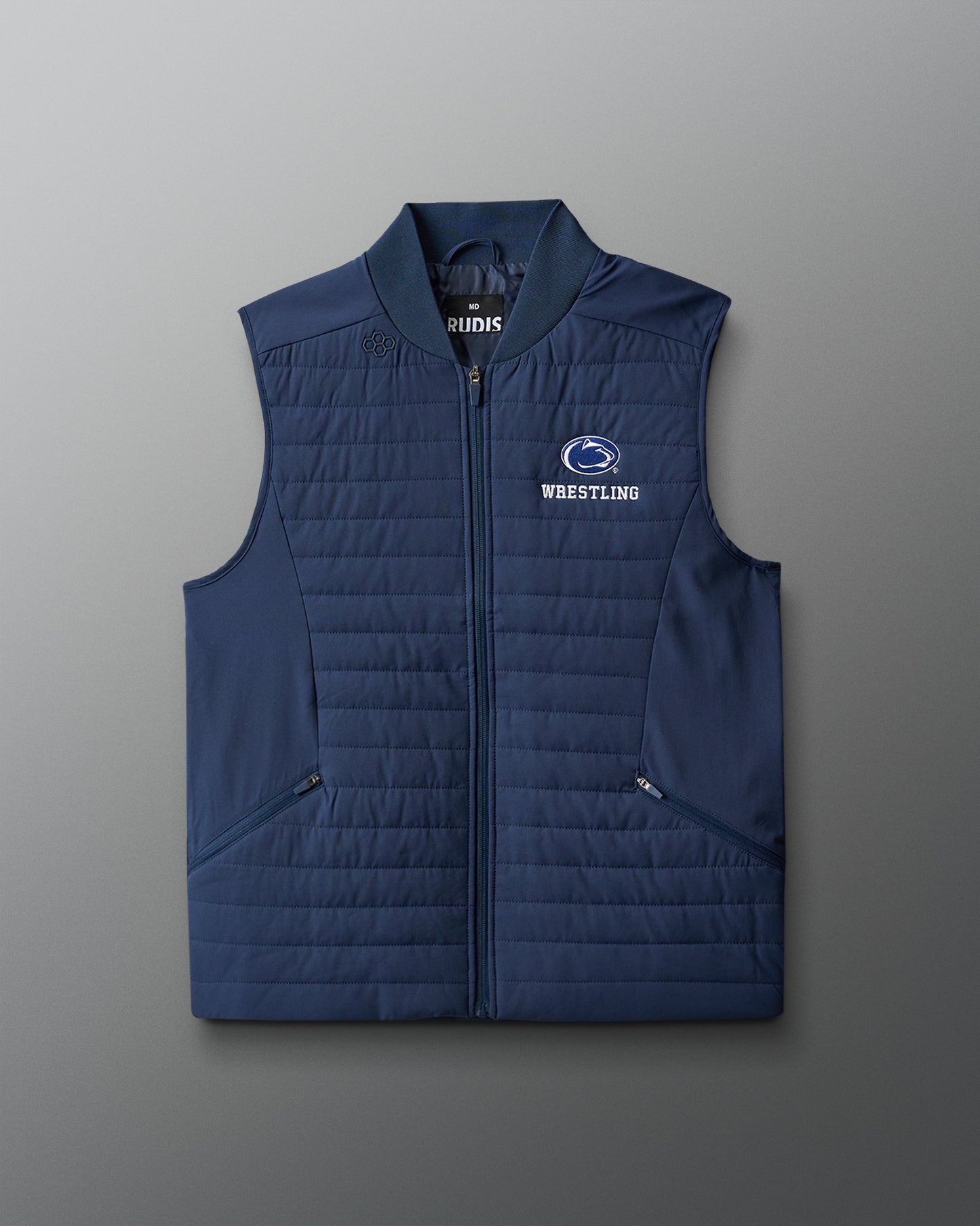 Blue quilted vest with 'Wrestling' text and logo on a gray background