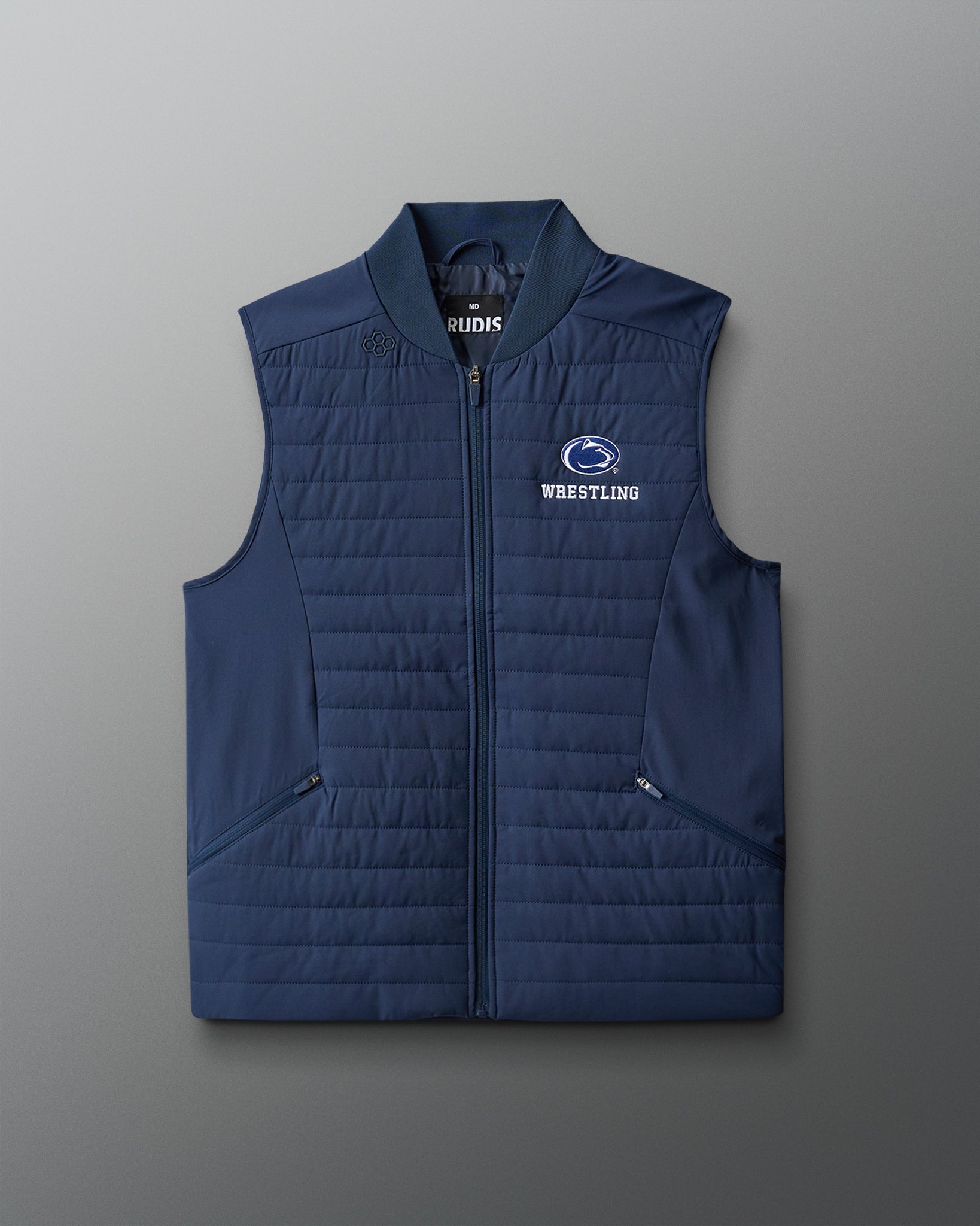 Blue quilted vest with 'Wrestling' text and logo on a gray background