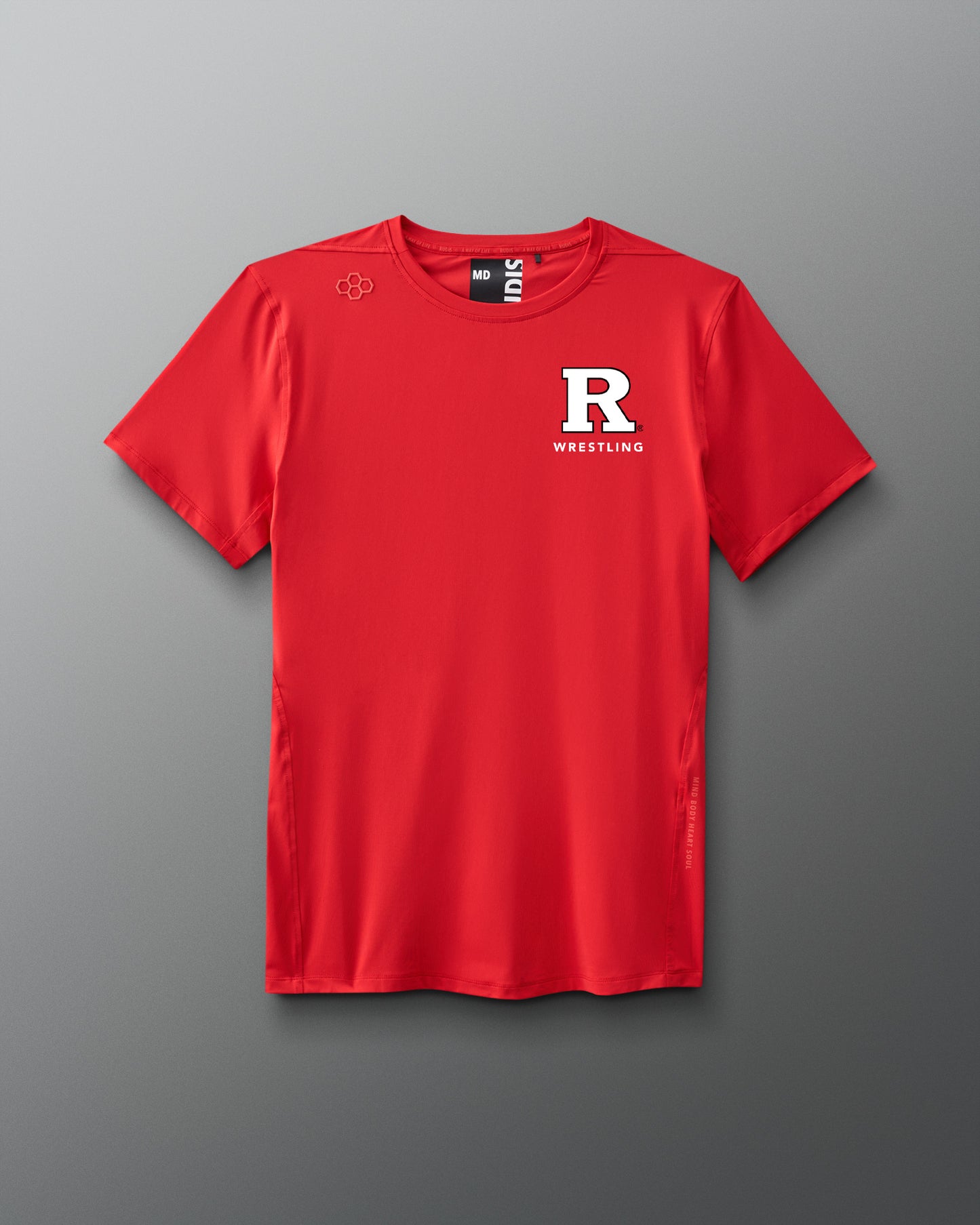 Red t-shirt with a Rutgers logo on a gray background