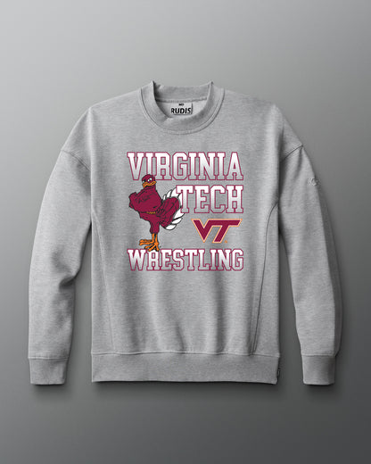 Gray sweatshirt with Virginia Tech wrestling design on a gray background