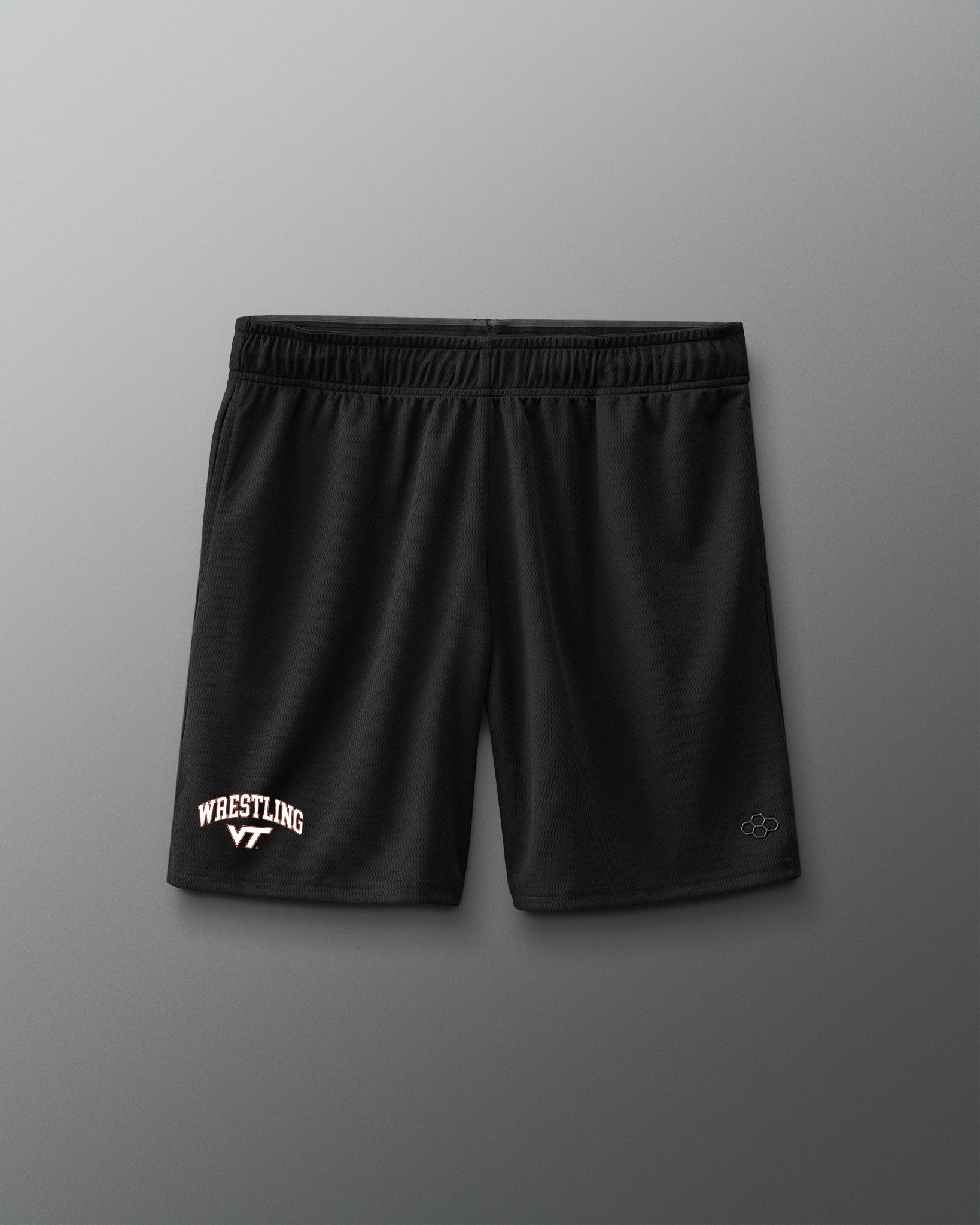 Black shorts with 'Wrestling VT' text on a gray background