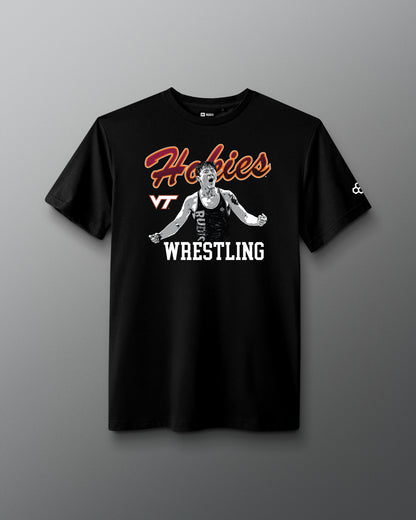 Black t-shirt with 'Hokies Wrestling' design on a gray background