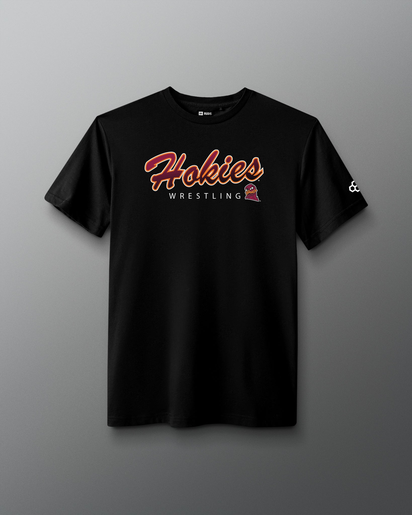 Black t-shirt with 'Hokies Wrestling' text on a gray background
