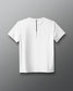 White t-shirt with a small black logo on a gray background