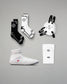 Collection of sports gear including wrestling shoes, socks, and accessories on a gray background