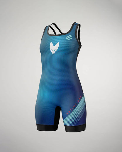 A stylish blue athletic swimsuit featuring a unique design with a fox logo and contrasting patterns ideal for competitive swimming or other water sports