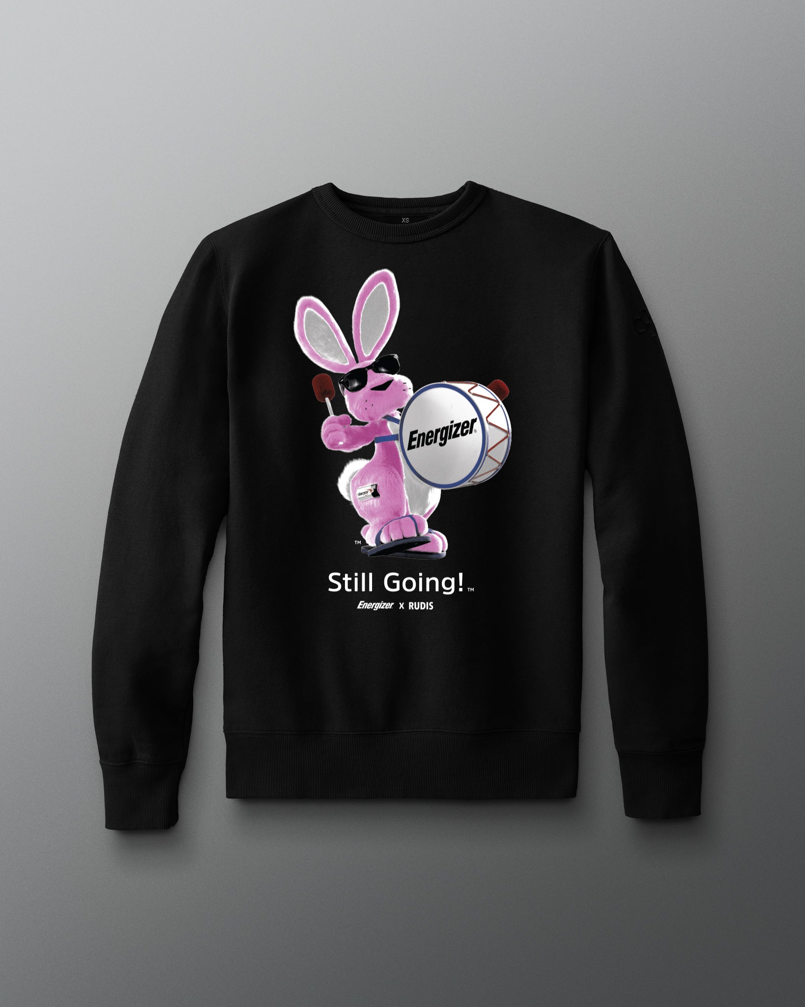 Black sweatshirt with pink bunny and 'Energizer' logo on a gray background