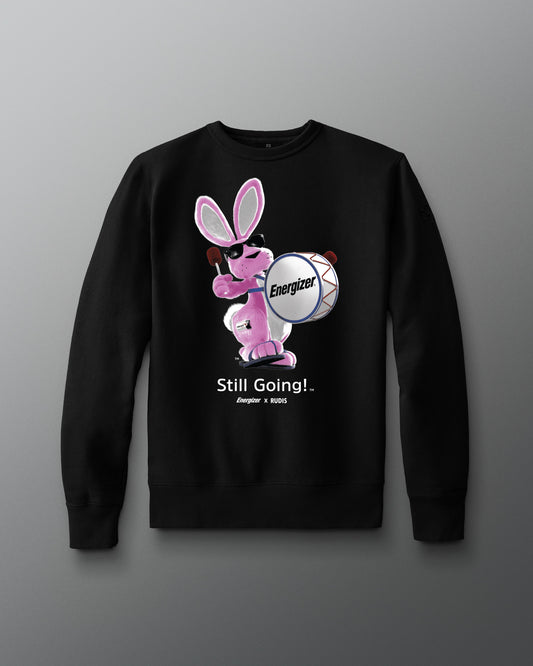 Black sweatshirt with pink bunny and 'Energizer' logo on a gray background