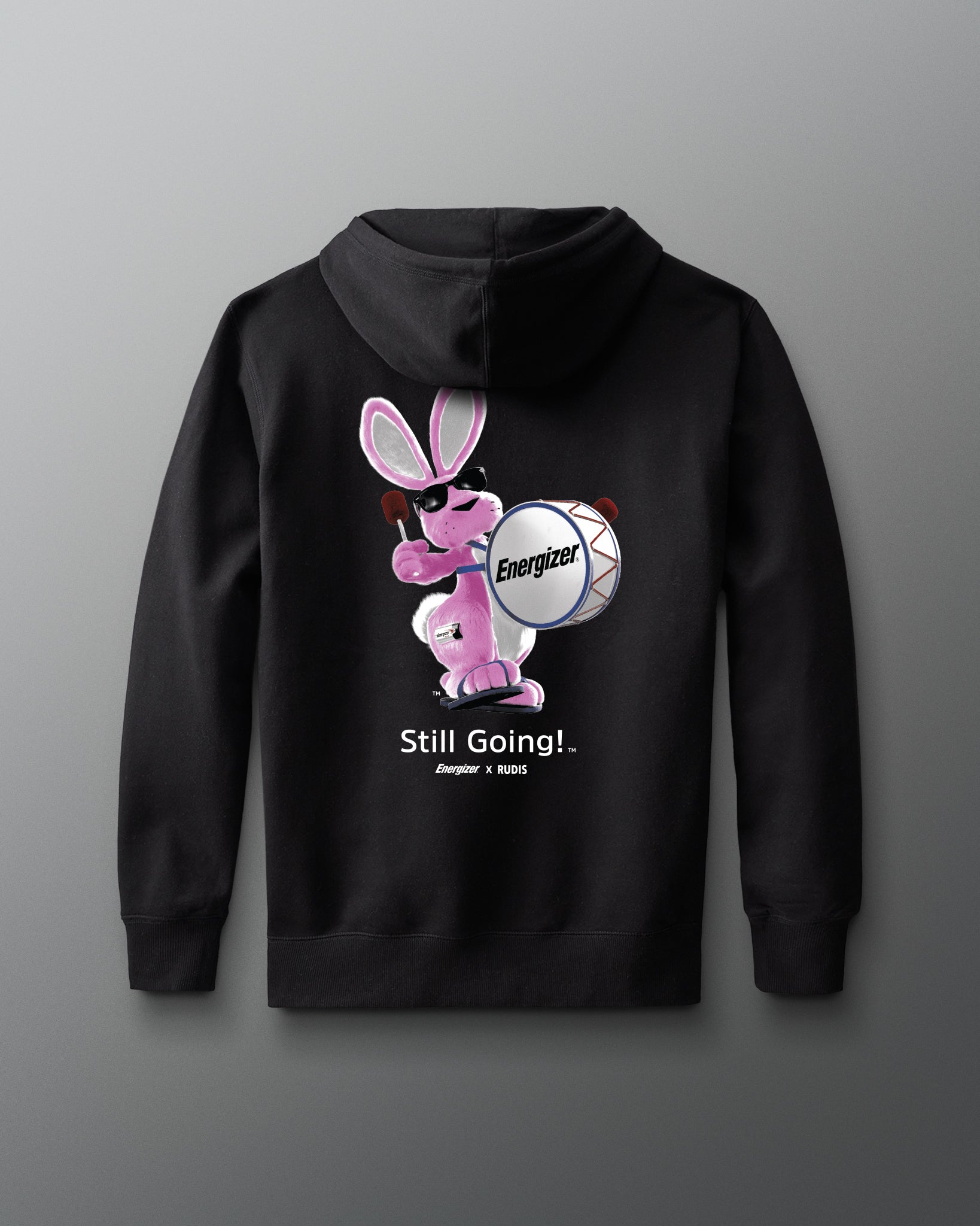Black hoodie with Energizer bunny graphic on a gray background