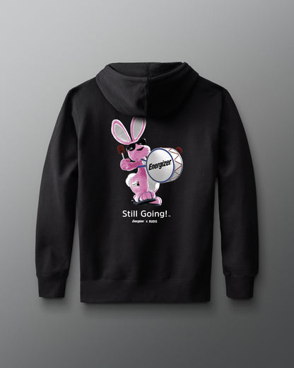 Black hoodie with the energizer bunny and text on the back against a gray background