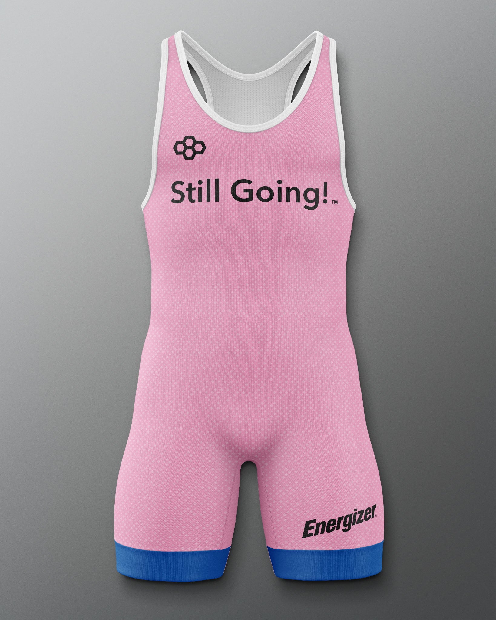 Pink athletic suit with 'Still Going!' text and Energizer logo on a gray background