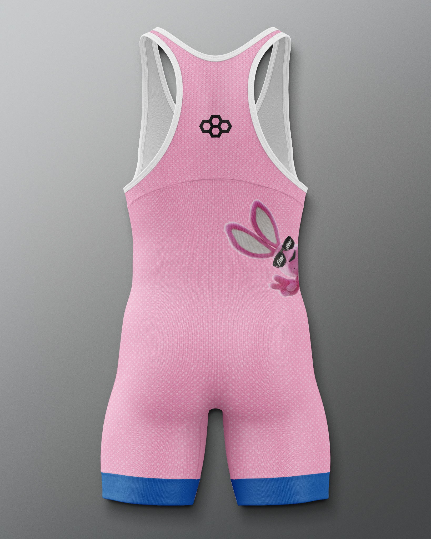 Pink wrestling singlet with blue accents on a gray background