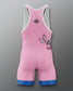 Pink wrestling singlet with blue accents on a gray background